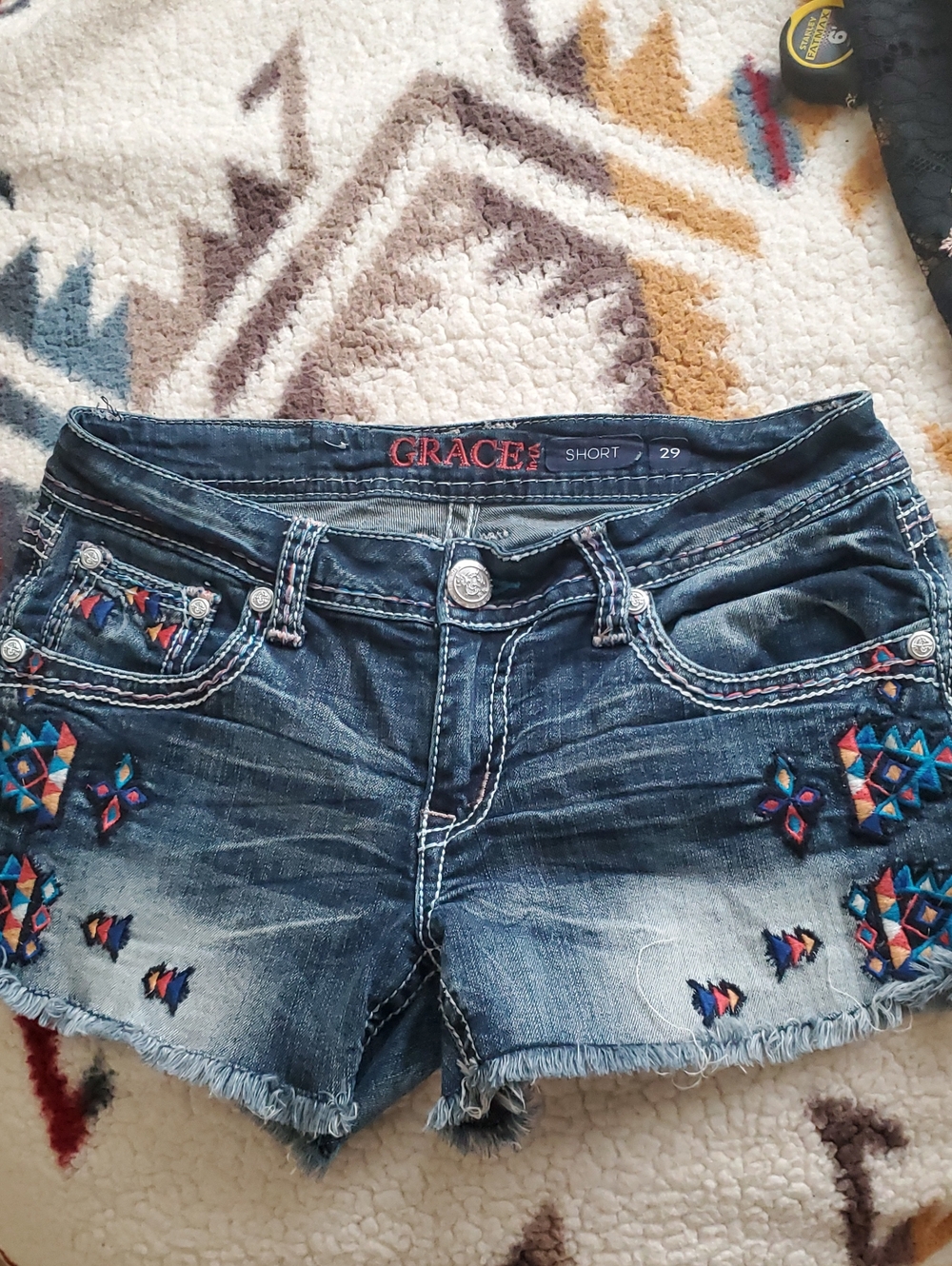 Grace in LA Indigo Denim Shorts with Multicolor Tribal Embroidery